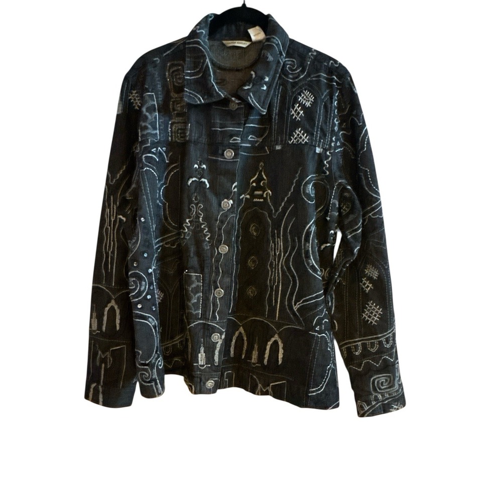 Laura Ashley Black Denim Jacket Woman's Extra Large Geometric Embroidery 1990s